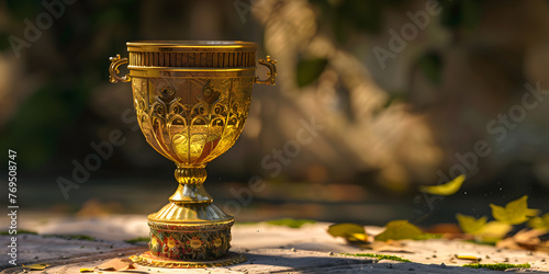 Christian chalice golden wine symbolizing sacrament and spirituality, The golden monstrance with a little transparent crystal center consecrated host church defocused background.

 photo