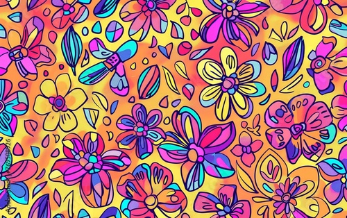  Bright Happy Floral Doodle Pattern Background