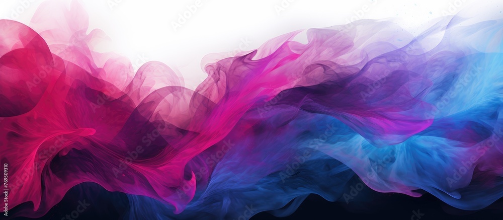 A close up of vibrant clouds of purple, violet, and magenta smoke on a white background, resembling petals in the sky. A beautiful art display in pink hues