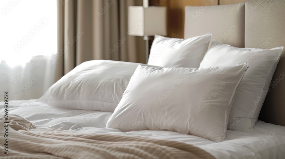 White pillows on a clean bed in a bright interior. White pillows on a clean bed in a bright interior.