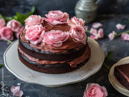 Chocolate cake adorned with pink roses, a delightful dessert perfect for weddings, birthdays, or any special occasion