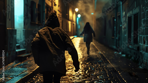Back view of hooded figure following woman at night. © tiagozr