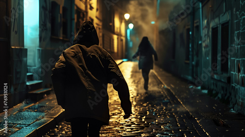 Back view of hooded figure following woman at night. photo