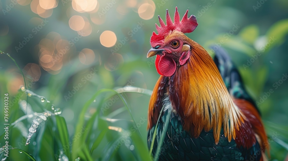 Beautiful bright rooster on a background of green grass.