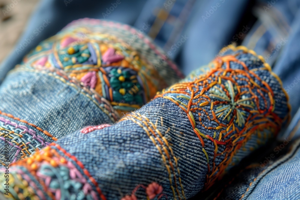 Fototapeta premium closeup of embroidered denim cuffs with intricate thread work