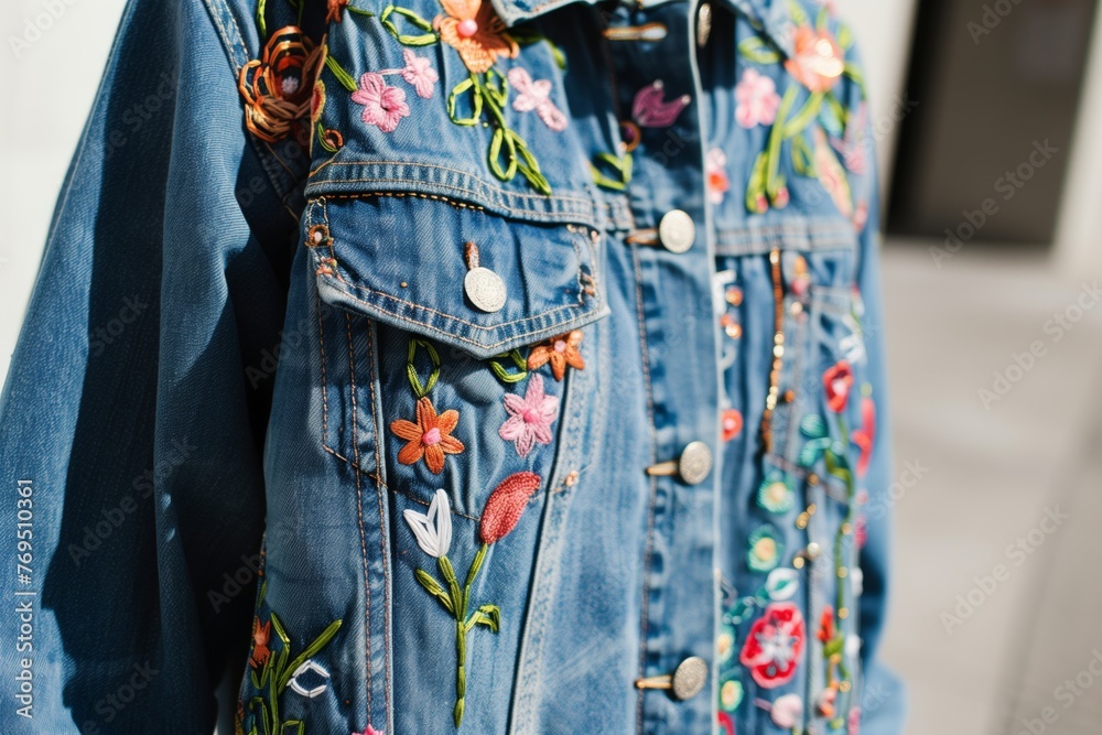 person wearing embroidered denim jacket with floral patterns