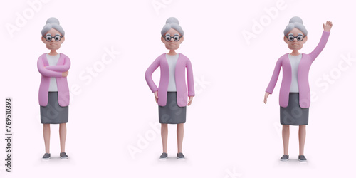 Elderly woman in different poses, front view. Grandmother in glasses and pink sweater