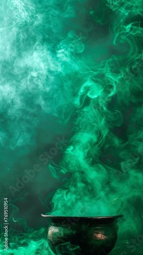 A witchs cauldron is bubbling with eerie green smoke rising from it, creating a spooky atmosphere, background, wallpaper photo