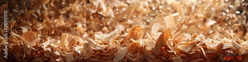 Close-up of wood chips and sawdust scatter, a byproduct of woodworking, background, wallpaper, banner