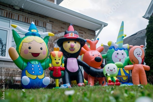 inflatable characters adorning the front lawn for a themed party © primopiano
