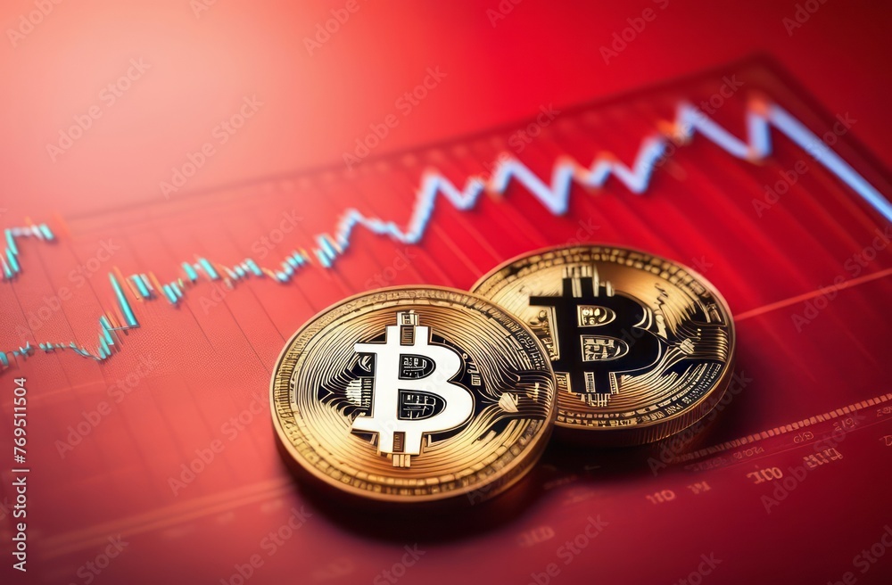 Close-up of single gold Bitcoin coin on red background. Crypto currency banner with copy space. Bitcoin coin with space for text on red background. BTC Close-up of single gold Bitcoin coin on red background. Crypto currency banner with copy space. Bitcoin coin with space for text on red background. BTC