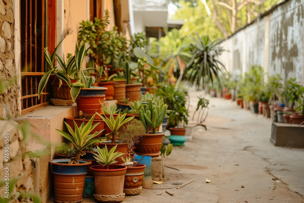 cluster of potted plants arranged artistically on the houses pathway