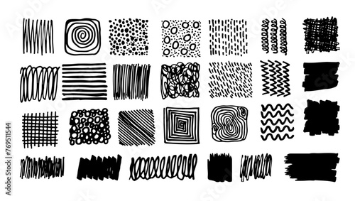 Grunge hand drawn textures set. Scribble in trendy playful childish style. Vector collection of abstract doodle sketch geometric shapes