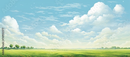 A natural landscape painting featuring a field with trees, grassland, and cumulus clouds in the sky creating a serene atmosphere