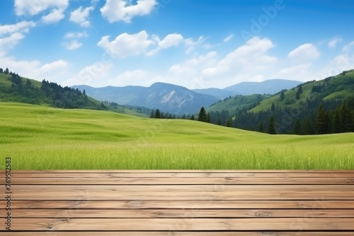 Wooden platform overlooking a lush green valley and mountains