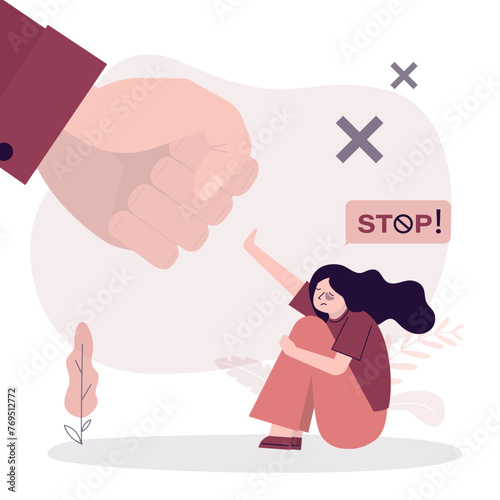 Giant fist threatens scared girl. Stop violence against women awareness. Woman protesting against domestic violence and female abuse, bullying. Stop violence against women.