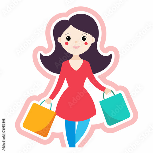 Sticker featuring a fashion-forward girl carrying shopping bags, exuding confidence and a love for trendy clothing