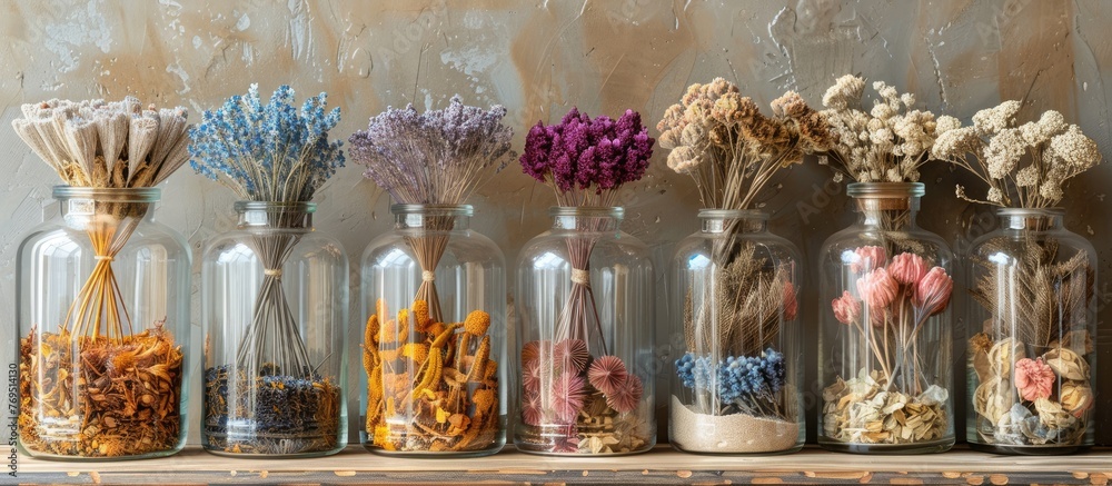 Dried flowers displayed in a glass container.