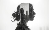 Silhouette of a woman's profile overlaid with a monochrome cityscape in a double exposure technique.