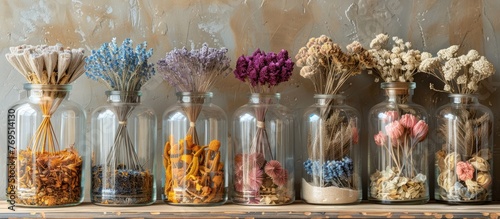 Dried flowers displayed in a glass container.