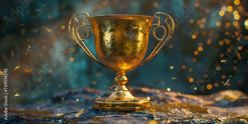 Gold winner cup on blue background Golden champion cup trophy for the winner award victory first place , Inspiring golden trophy on a backdrop representing success and achievement Vertical,