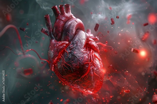Human heart with Clogged arteries on scientific background. 3d illustration