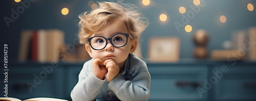 Little cute smart child sitting and thinking. Wisdom and knowledges concept.