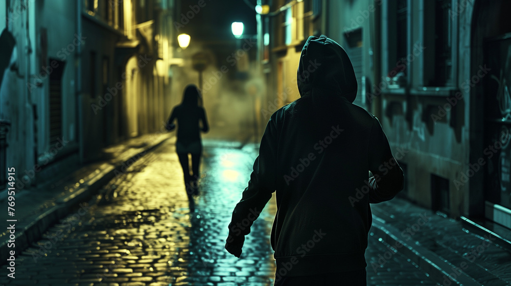 Back view of hooded figure following woman at night. Woman running scared for her life. Back view of hooded figure following woman at night. Woman running scared for her life.