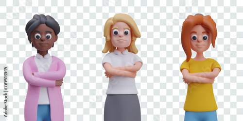 Set of female characters with crossed arms. Women of all ages and races stand looking ahead