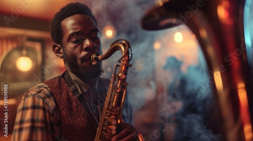 Passionate jazz musician playing saxophone in a smoke-filled room, intensity and musicality illuminating his expression. photo