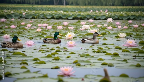 Ducks Swimming Through A Field Of Blooming Water L photo
