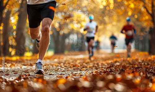 Close up of a male runner during an autumn marathon race in a city park, with a blurred background