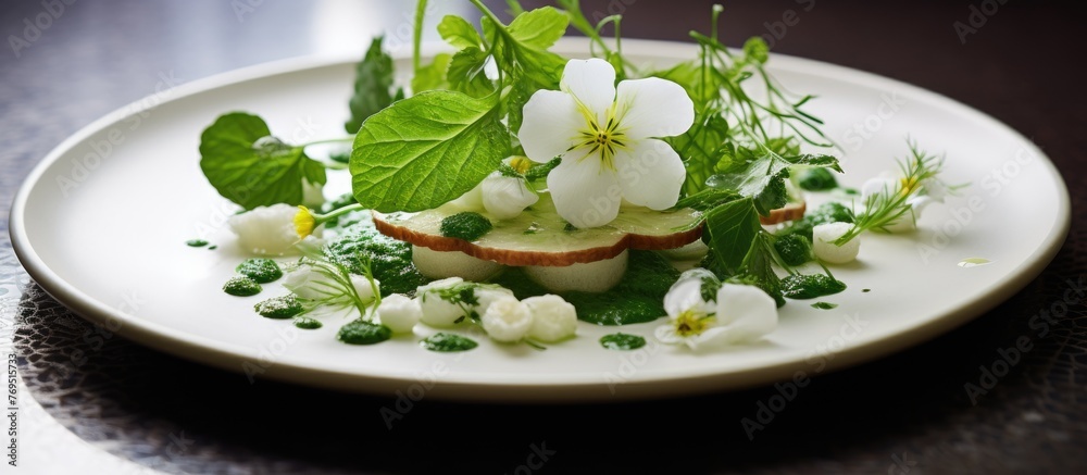 A dishware of white plate adorned with a colorful array of vegetables and flowers placed elegantly on a table, creating a beautiful and appetizing display A dishware of white plate adorned with a colorful array of vegetables and flowers placed elegantly on a table, creating a beautiful and appetizing display