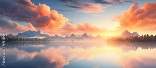 A breathtaking sunset over a tranquil lake with majestic mountains in the background. The sky is painted with shades of orange and red, creating a stunning afterglow reflected on the calm water