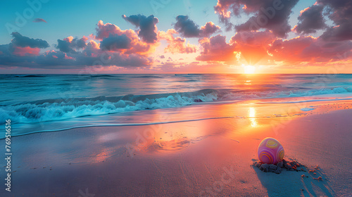 A vibrant sunrise over a calm ocean, with a single, brightly dyed Easter egg nestled in the sand, symbolizing rebirth and new beginnings. #769516516