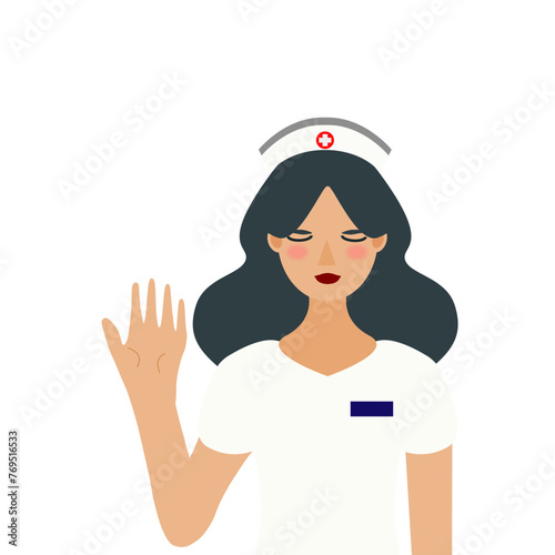 Vector illustration. A female doctor is standing and showing her hand with a blush on her cheeks.