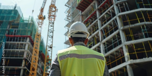 a construction worker wearing a yellow high-visibility vest and a white safety helmet looking upwards