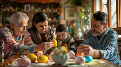 A multi-generational family from various backgrounds celebrating Easter together with unique traditions - egg decorating, feasting, or religious rituals.