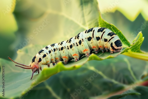 caterpillar munching on a fresh green leaf © primopiano