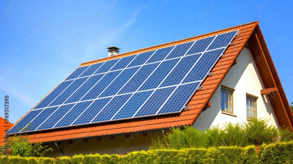 Fototapeta premium Installation of solar panels on a private house. Alternative electricity concept, future ecosystem technologies 