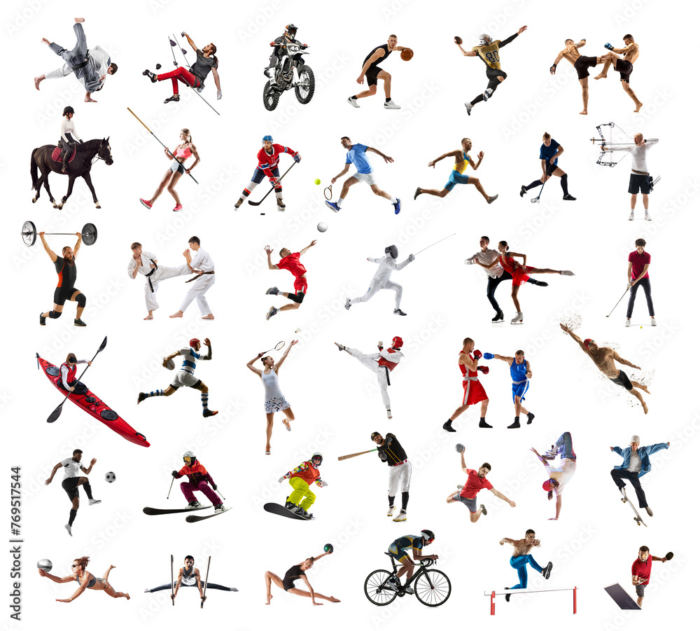 Fototapeta premium Collage. Athletes of different sports, men and women in motion, training isolated on white background. Concept of professional sport, competition, championship, game, dynamics