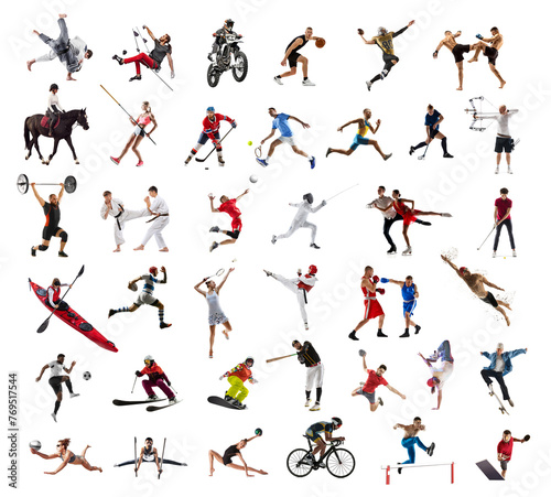 Collage. Athletes of different sports, men and women in motion, training isolated on white background. Concept of professional sport, competition, championship, game, dynamics