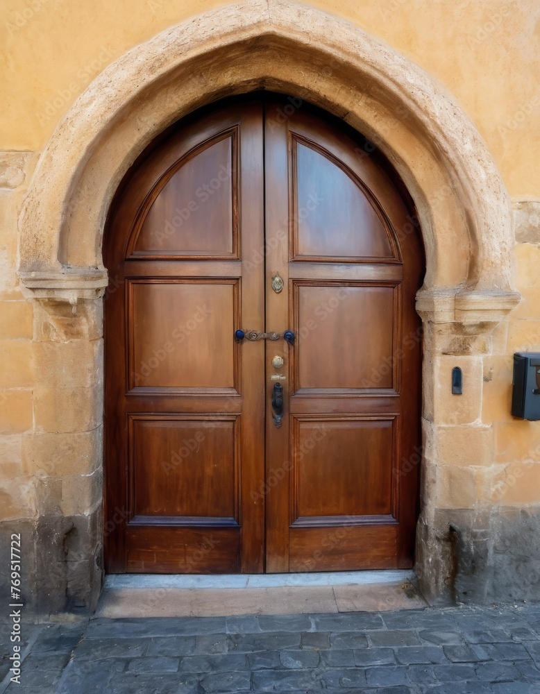 A beautifully crafted wooden door set within an arched stone entrance exudes mystery and the charm of old-world architecture.