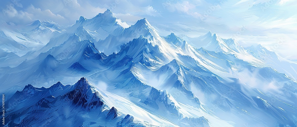 Glacier peaks, oil painting effect, icy blue hues, midday light, wide perspective.