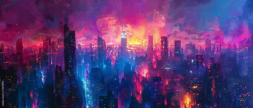 Futuristic city, oil painting texture, gleaming towers, night lights, aerial shot.