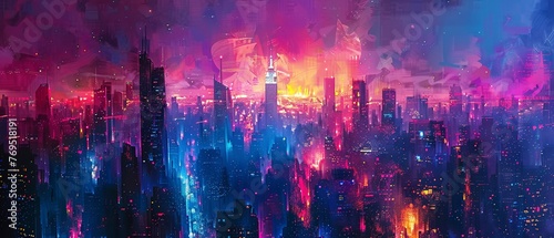 Futuristic city, oil painting texture, gleaming towers, night lights, aerial shot.