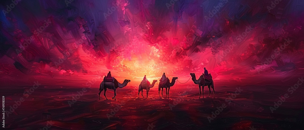 Desert landscape, oil painted, camels in silhouette, twilight hues, wide lens. - obrazy, fototapety, plakaty 