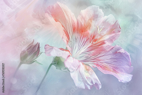 A random flower in watercolor, close-up and hand-drawn, bathed in a soft, glowing light, emphasizing pastel color nuances.