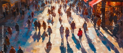 City square, oil painted, bustling shoppers, afternoon glow, high angle perspective.