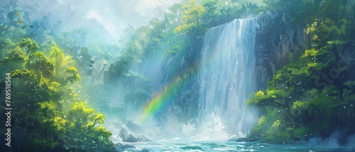 Cascading waterfall, oil paint texture, rainbow mist, bright day, high perspective.